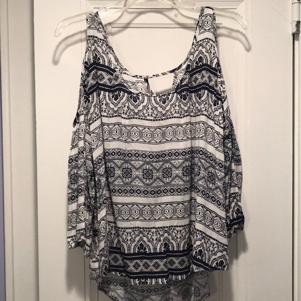 Cold shoulder blue and white blouse